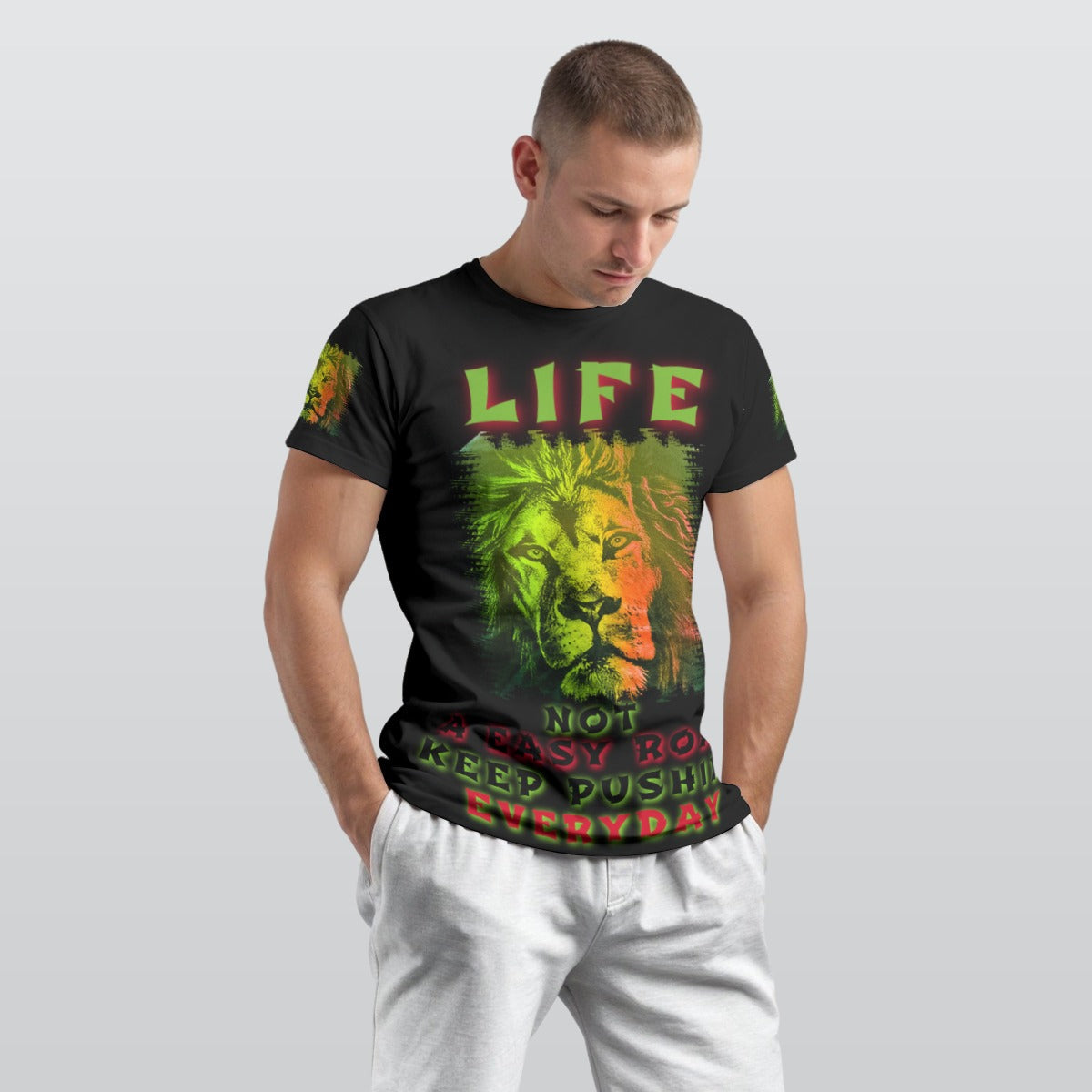 GMOB Fight The Lion Men's O-Neck T-Shirt (Black/Yellow/Red) Yoycol