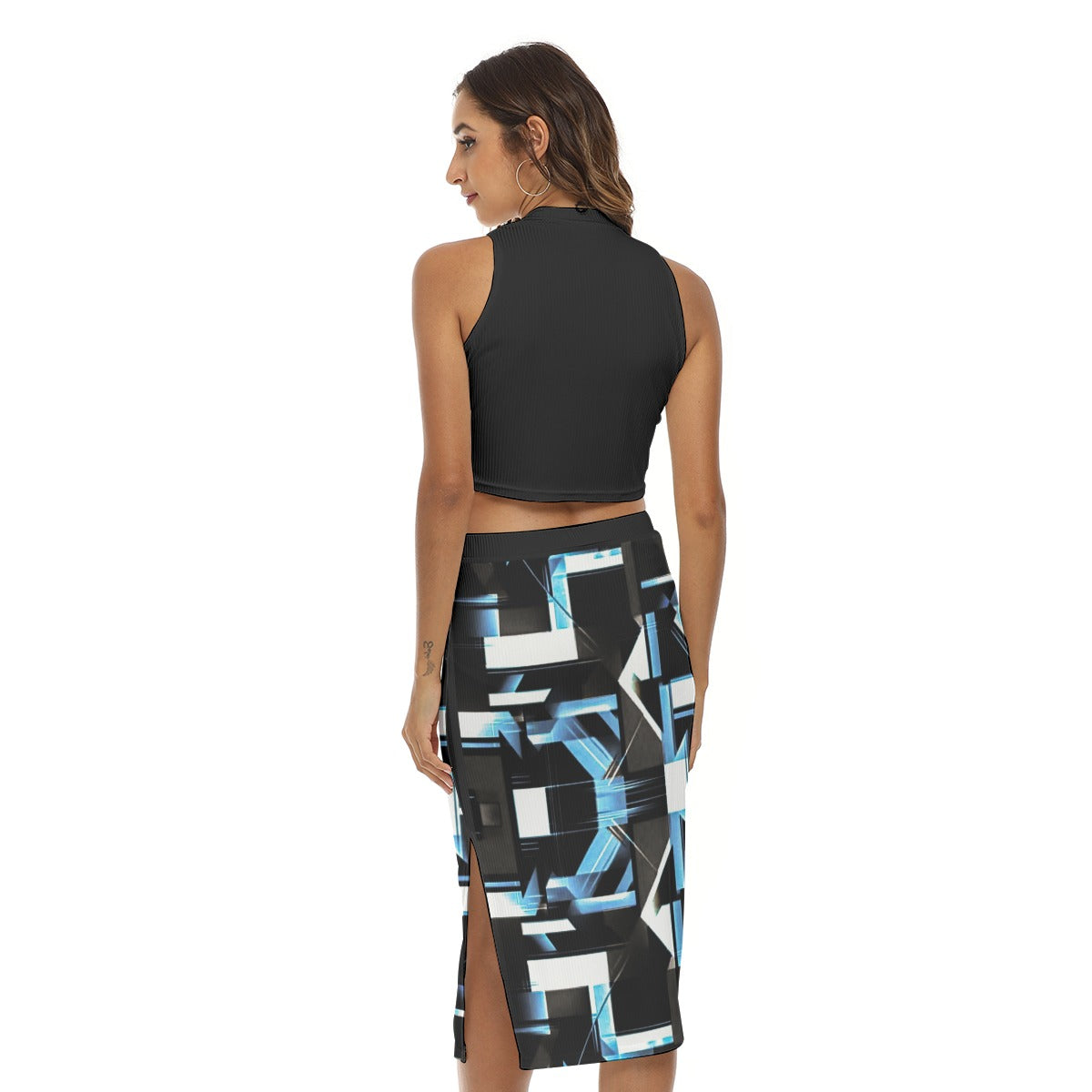 G.M.O.B. Women's (Blue/Black/White) Tank Top & Split High Skirt Set Yoycol
