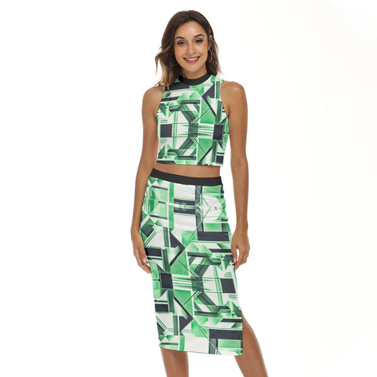 G.M.O.B. Women's (Green/Black/White) Tank Top & Split High Skirt Set Yoycol