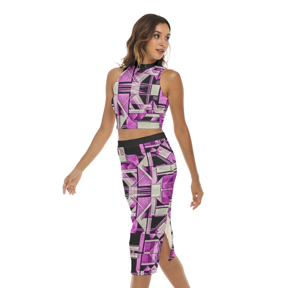 G.M.O.B. (Purple/Black/White) Women's Tank Top & Split High Skirt Set Yoycol